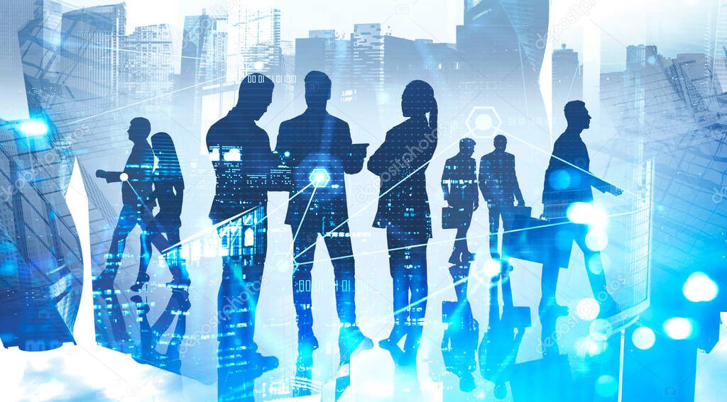 Concept of network connection and communication. Silhouettes of diverse business team members working in blurry abstract city with double exposure of futuristic interface. Toned image
