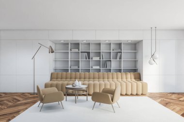 Beyaz duvarları, ahşap zemini, bej koltuğu ve yuvarlak sehpa ve kitaplığın yanında duran koltukları olan modern oturma odasının içi. 3d oluşturma