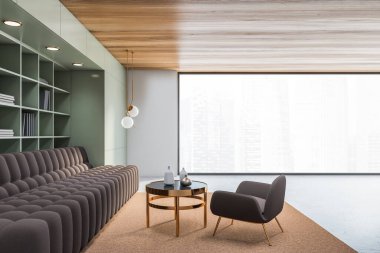 Yeşil duvarlı panoramik oturma odası, beton zemin, kahverengi kanepe ve kahve masası ve kitaplığın yanında duran koltuklar. Bulanık şehir manzarası. 3d oluşturma