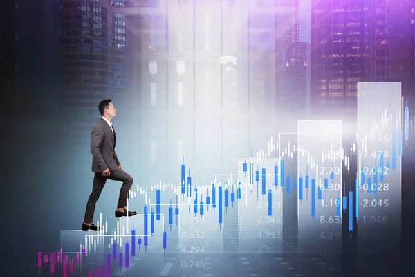 Young Asian Businessman Climbing Bar Chart Abstract Panoramic City Double — Stock Photo, Image