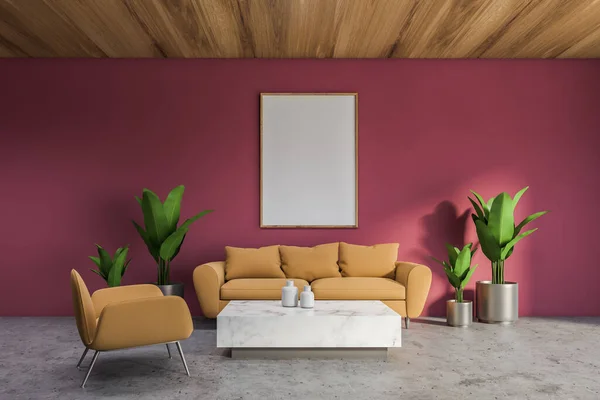 Interior of bright living room with red walls, concrete floor, beige sofa and armchair standing near marble coffee table. Vertical mock up poster. 3d rendering
