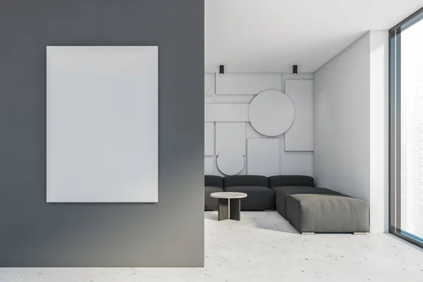 현대적 거실의 내부에는 기하학적 콘크리트 커다란 테이블 포스터붙여 렌더링 — 스톡 사진