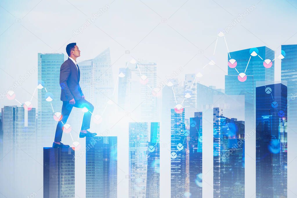 Young Asian businessman climbing bar chart in abstract city with double exposure of blurry financial graph. Concept of stock market and investment. Toned image