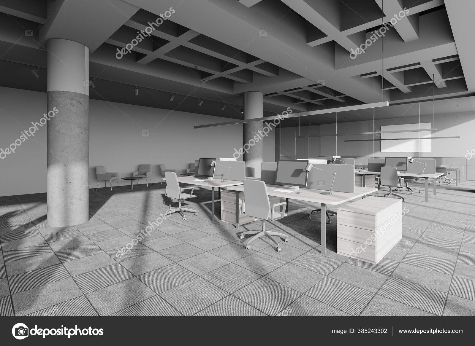 Interior Kantor Ruang Terbuka Modern Dengan Dinding Abu Abu Kolom Stok Foto C Denisismagilov 385243302