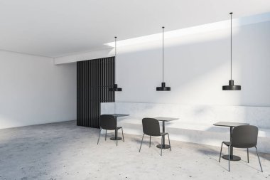 Beyaz ve siyah duvarları olan şık bir restoranın köşesi, beton zemin, taş bank ve kare masaların yanında duran siyah sandalyeler. 3d oluşturma