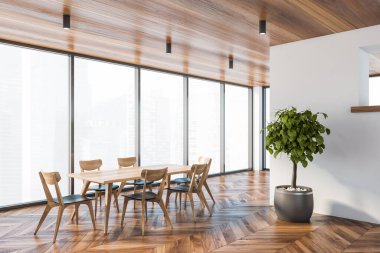 Modern panoramik yemek odasının köşesinde beyaz duvarlar, ahşap zemin ve tavan, sandalyeli uzun masa ve saksı ağacı. Bulanık şehir manzarası. 3d oluşturma