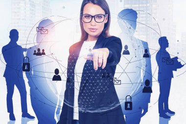Beautiful young European businesswoman in glasses working with creative social network interface in blurry city with business people in background. Concept of HR. Toned image double exposure clipart