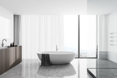 Modern banyo, beyaz duvarlar, beton zemin, rahat banyo küveti, rahat duş kabini ve büyük aynalı ahşap çift lavabo. Bulanık dağ manzarası. 3d oluşturma