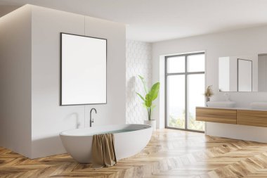 Modern banyonun köşesinde beyaz bal peteği duvarlar, ahşap zemin, rahat küvet ve aynalı çift lavabo. Bulanık tropikal manzaralı bir poster ve pencere. 3d oluşturma