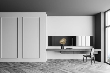 Beyaz ve gri duvarlı şık bir yatak odası, ahşap zemin, yansıması büyük ayna ve televizyon olan makyaj masası. Bulanık dağ manzaralı bir pencere. 3d oluşturma