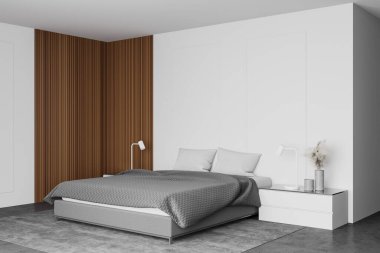 Minimalist ana yatak odasının köşesinde beyaz ve ahşap duvarlar, beton zemin, rahat kral yatağı ve iki komodinli yataklar. 3d oluşturma