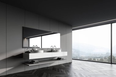 Koyu gri duvarları, ahşap zemini ve büyük aynalı iki rahat lavabosu olan şık panoramik banyonun köşesi. Bulanık dağ manzaralı bir pencere. 3d oluşturma