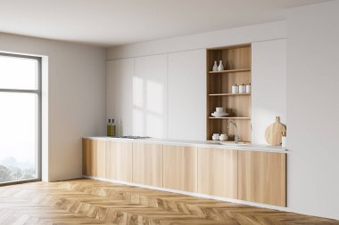 Modern mutfağın köşesinde beyaz duvarlar, ahşap zemin, ahşap tezgah ocağı, lavabosu ve dolabı var. Bulanık dağ manzaralı bir pencere. 3d oluşturma
