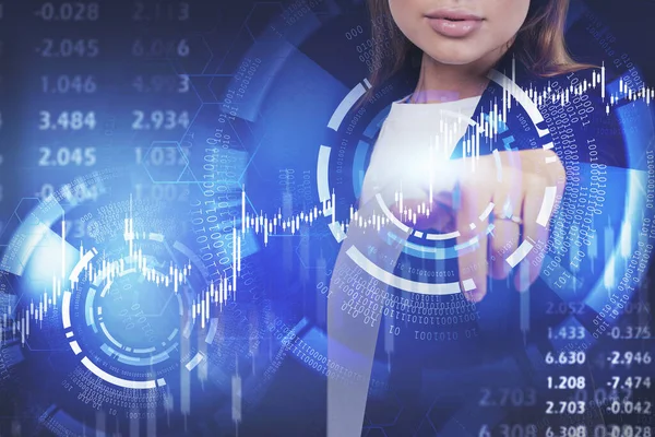 Unrecognizable Woman Trader Using Immersive Futuristic Hud Financial Graph Interface — Stock Photo, Image