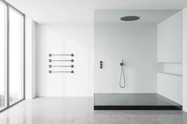 Interior Spacious Bathroom White Walls Concrete Floor Big Shower Stall — Stock Photo, Image