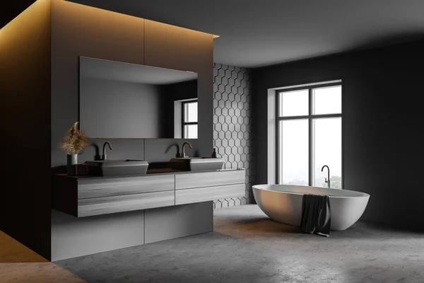 Corner Stylish Bathroom Gray Honeycomb Tile Walls Concrete Floor Comfortable — Stock Photo, Image