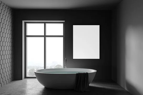 带有灰色蜂窝墙 混凝土地面 舒适浴缸的时尚浴室内部 以及悬挂在窗户附近 山景朦胧的垂直模拟海报 3D渲染 — 图库照片