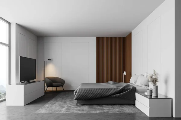 现代主卧室侧视图 白色和木制墙壁 混凝土地面 舒适的大尺寸床和大电视机 3D渲染 — 图库照片