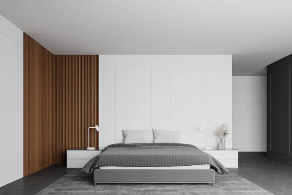 Wnętrze Minimalistycznej Sypialni Białymi Drewnianymi Ścianami Betonowa Podłoga Wygodne Łóżko — Zdjęcie stockowe