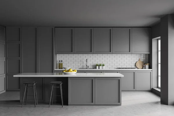 Interior Modern Kitchen Dark Gray Brick Walls Concrete Floor Grey — Stock Photo, Image