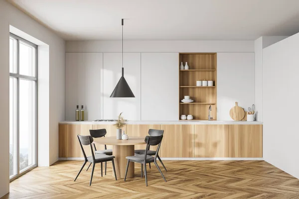 现代化厨房的内部 有白色的墙壁 木制的地板 木制的台面和橱柜 圆形的餐桌 灰色的椅子 山景朦胧的窗户 3D渲染 — 图库照片