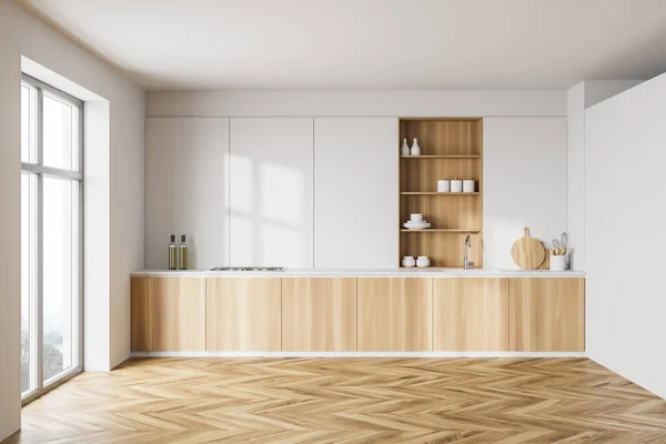 Interieur Der Modernen Küche Mit Weißen Wänden Holzboden Holzarbeitsplatten Mit — Stockfoto