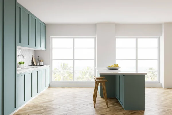 白とレンガの壁 木製の床 青のカウンターと食器棚とスツール付きのバーとスタイリッシュなキッチンのサイドビュー 熱帯の青い景色 3Dレンダリング — ストック写真