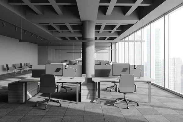 Interno Ufficio Panoramico Open Space Stile Industriale Con Pareti Grigie — Foto Stock