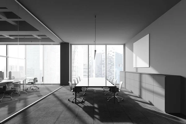 Interior of panoramic industrial style meeting room with gray walls, carpeted floor, long conference table with gray chairs and window with blurry cityscape. Open space office next to it. 3d rendering