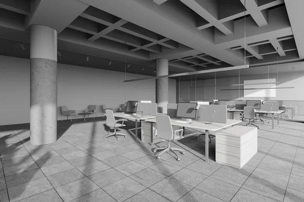 グレーの壁 コンピュータテーブルの行 アームチェア付きのラウンジエリア 会議テーブル付きの会議室を備えたモダンなオープンスペースオフィスのインテリア 3Dレンダリング — ストック写真