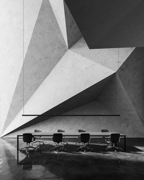 幾何学的な壁のパターン コンクリートの床とグレーの椅子と長い会議テーブルと記念碑的な会議室のインテリア 3Dレンダリング — ストック写真