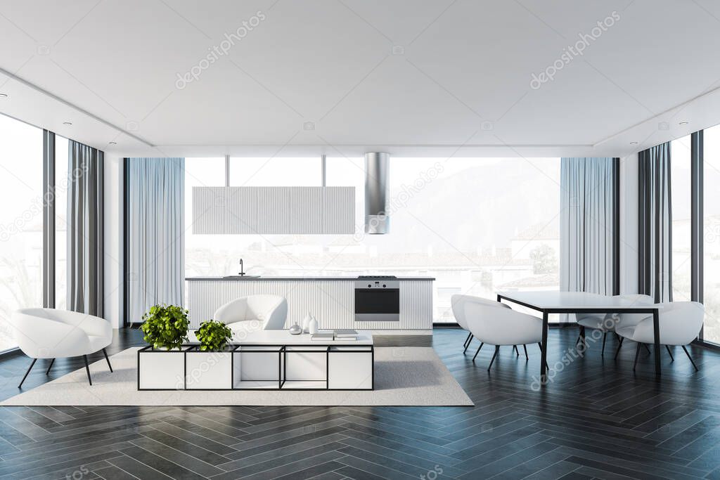 Interior of modern kitchen with white walls, black wooden floor, white countertops and cupboards, living room area with white armchairs and dining table. Blurry cityscape. 3d rendering