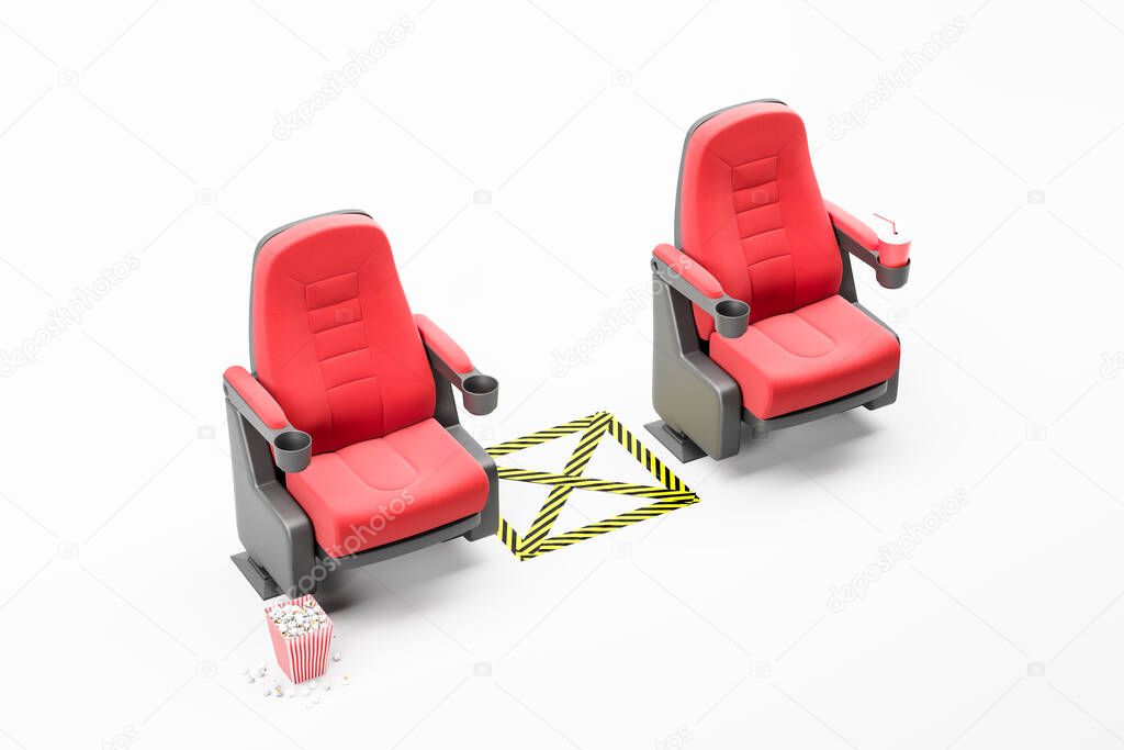 Two red cinema seats over white background with empty space between them. Concept of covid 19 social distancing. 3d rendering