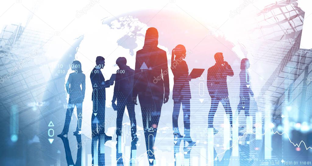 Silhouettes of business teammates in abstract city with double exposure of blurry cityscape and planet hologram. Global stock market concept. Toned image. Elements of this image furnished by NASA