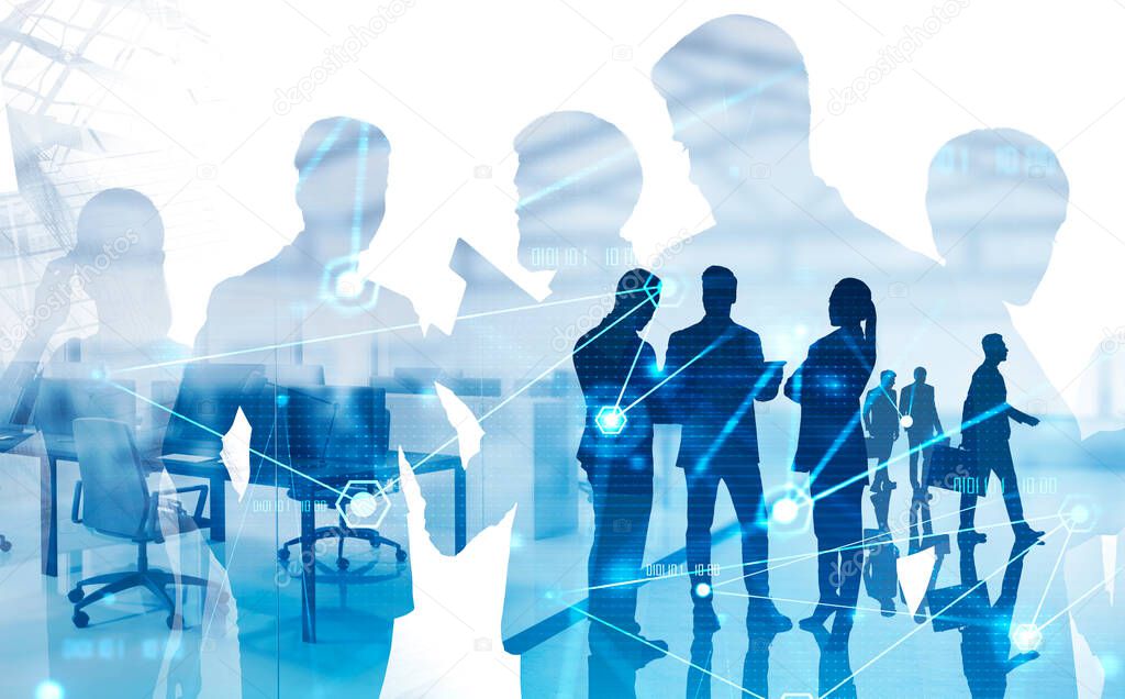 Silhouettes of business people working together in corporate office with double exposure of blurry network interface and cityscape. Internet and social connection concept. Toned image