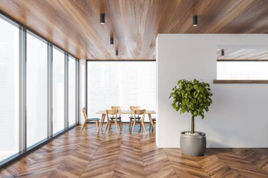 Beyaz duvarları, ahşap zemini ve tavanı, sandalyeleri ve saksı ağacı olan modern panoramik yemek odasının içi. Bulanık şehir manzarası. 3d oluşturma