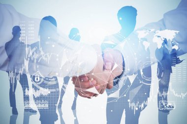 İki iş adamının el sıkıştığı bulanık mavi arka plan üzerinde küresel bilgi arayüzü ve takım arkadaşlarının iki kez görüntülenmesi. Tonlanmış görüntü. Bu görüntünün elementleri NASA tarafından desteklenmektedir