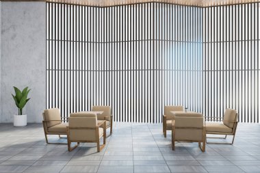 Modern panoramik ofis bekleme odasının içinde beton duvarlar, ahşap zemin ve kare sehpaların yanında duran rahat bej koltuklar. 3d oluşturma