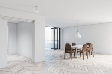 Beyaz duvarlı modern yemek odasının köşesi, ahşap zemin, kahverengi sandalyeli yemek masası ve bulanık şehir manzaralı balkon. 3d oluşturma