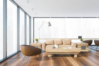 Beyaz duvarları, ahşap zemini, bej koltuğu ve kahverengi koltukları olan panoramik oturma odasının içi ahşap sehpanın ve bulanık şehir manzaralı ana ofis alanının yanında duruyor. 3d oluşturma