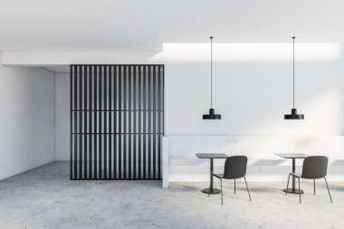 Beyaz ve siyah duvarları olan şık bir restoran, beton zemin, taş bank ve kare masaların yanında duran siyah sandalyeler. 3d oluşturma