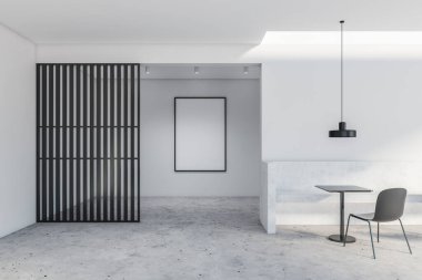 Beyaz ve siyah duvarlı, beton zemin, taş bank ve kare masanın yanında duran siyah sandalyeli şık bir kahve dükkanı. Dikey maket posteri. 3d oluşturma