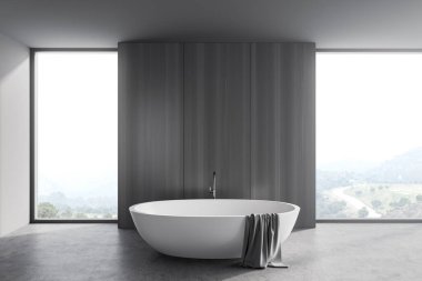 Gri ve ahşap duvarları, beton zemini, rahat küveti ve bulanık dağ manzaralı penceresi olan şık bir banyo. 3d oluşturma