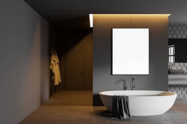 Gri bal peteği duvarları, beton zemini, rahat bir küveti ve ayna ile lavabosu olan şık bir banyo. Dikey model poster çerçevesi. 3d oluşturma