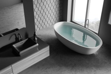 Gri bal peteği duvarları, beton zemini, rahat küveti ve çift lavabolu yatay aynası olan şık bir banyo manzarası. Bulanık dağ manzaralı bir pencere. 3d oluşturma