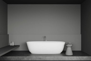 Geniş, şık bir banyo. Gri duvarları, taş zemini, rahat küveti ve güzellik ürünleriyle dolu rafı var. 3d oluşturma