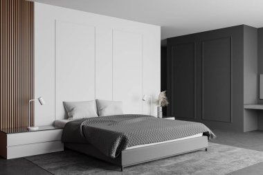 Beyaz, gri ve ahşap duvarları, beton zemini, rahat kral yatağı ve iki komodinli minimalist ana yatak odasının köşesi. 3d oluşturma