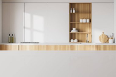Modern mutfakta ürününüz için beyaz masa. Beyaz duvarları, ocağı, lavabosu ve dolabı olan ahşap tezgahları var. Reklam kavramı. 3D oluşturma maketi