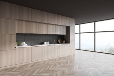 Gri duvarları, ahşap zemini, ahşap dolapları ve teçhizatlı tezgahları olan şık minimalist mutfağın köşesi. Bulanık dağ manzaralı bir pencere. 3d oluşturma