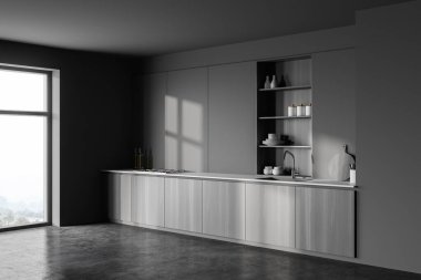 Gri duvarları, beton zemini, ocağı, lavabosu ve dolabı olan siyah ahşap tezgahı olan şık bir mutfağın köşesi. Bulanık dağ manzaralı bir pencere. 3d oluşturma